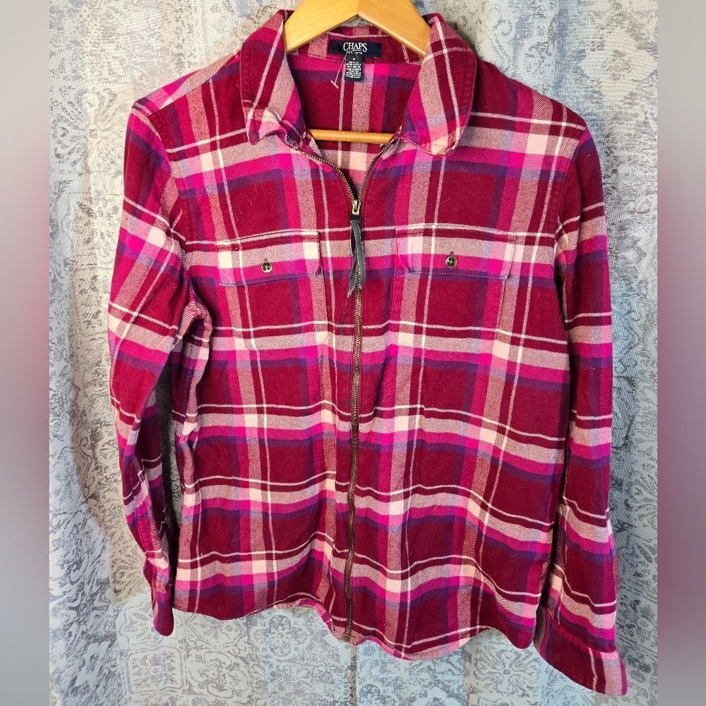 Chaps zip up flannel plaid collared shirt pink white valentine's women's sizemed